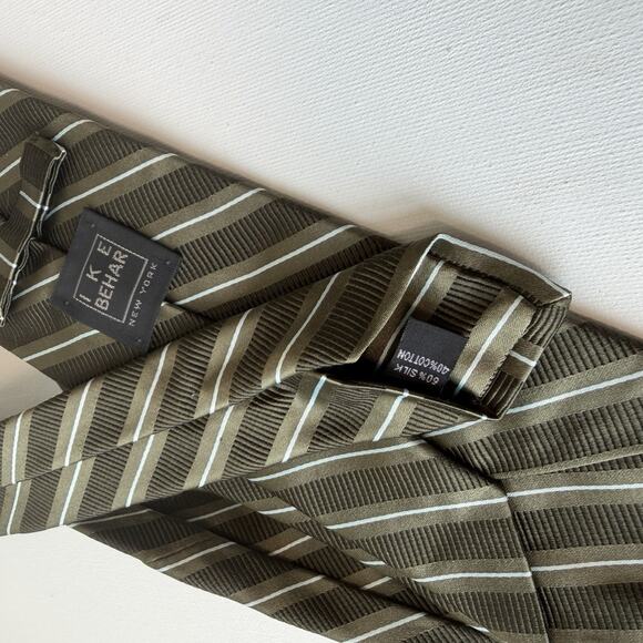 Ike Behar New York Silk Cotton Striped Tie Olive Brown Ribbed Necktie - Picture 2 of 10